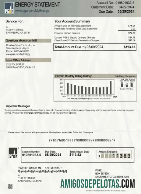 Projeto de lei de energia da PG&E do Canadá em formato PSD exemplo real